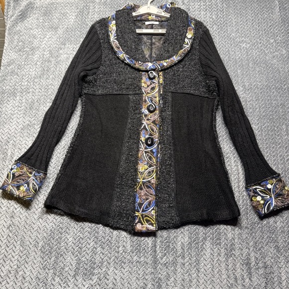 Sioni Wool Blend Sweater Jacket Women's M Black Embroidered Boho Button Artsy - Picture 1 of 10